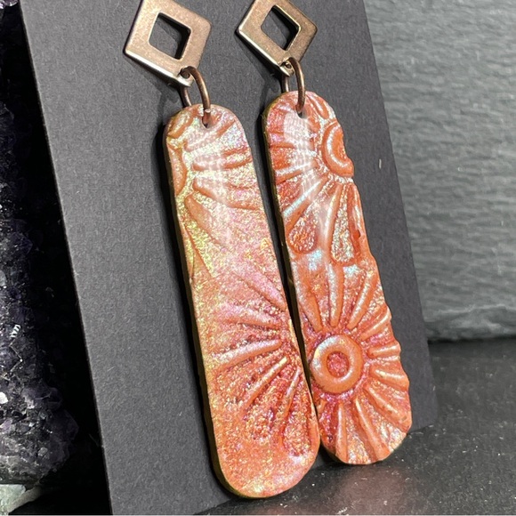 Artisan Jewelry - Artisan Made Floral Embossed Shimmering Orange And Pink Dangle Boho Earrings